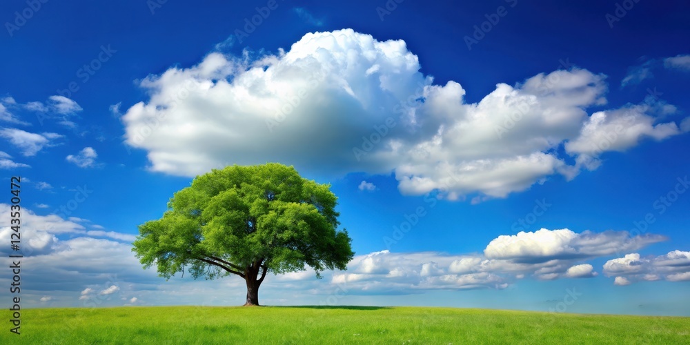 A solitary tree stands tall against a bright blue sky with fluffy white clouds, its branches stretching upwards like nature's own work of art, background, nature A solitary tree stands tall against a bright blue sky with fluffy white clouds, its branches stretching upwards like nature's own work of art, background, nature