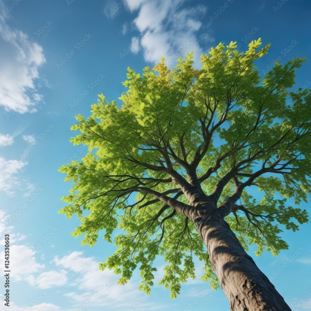 Fototapeta premium Un arbre ? feuilles vertes sous un ciel bleu clair, landscape, green leaves, clear sky