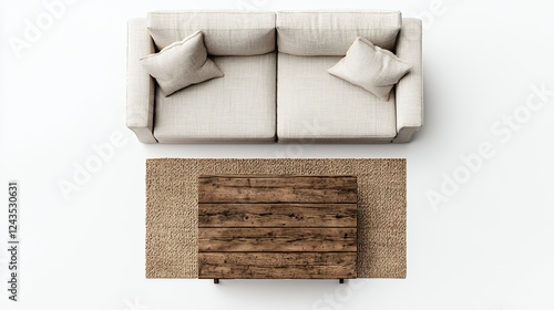 Beige Sofa and Rustic Wooden Coffee Table on White Background