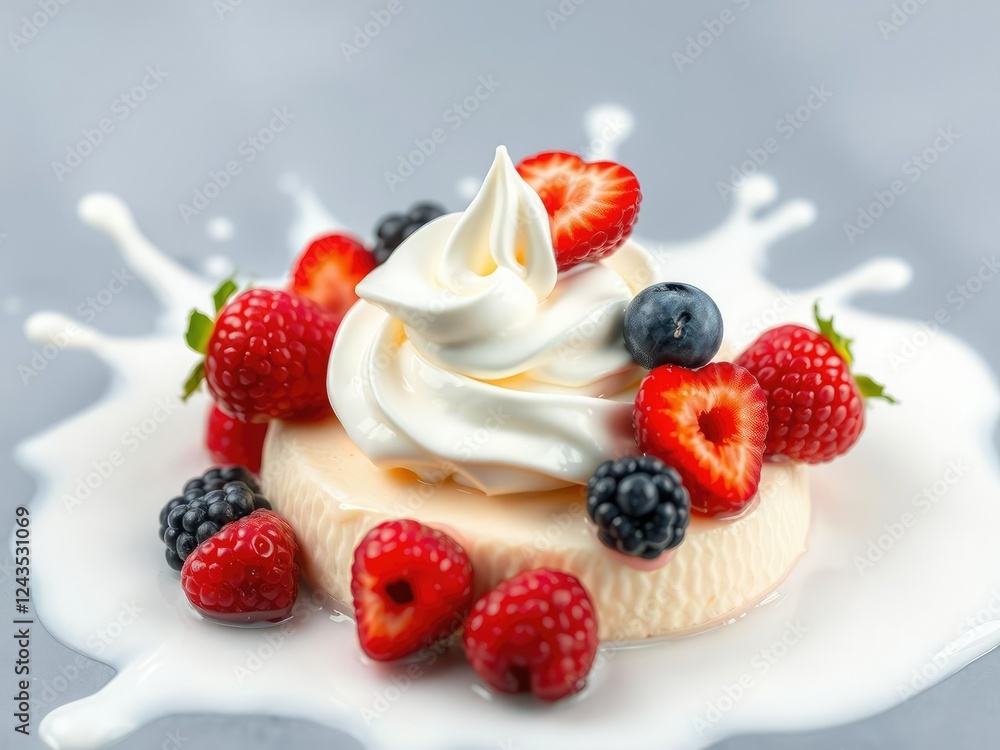 Vanilla bean infused cremeaux topped with a dollop of whipped cream and fresh berries amidst a delicate milk splash, vanilla bean cremeaux, fruit topping Vanilla bean infused cremeaux topped with a dollop of whipped cream and fresh berries amidst a delicate milk splash, vanilla bean cremeaux, fruit topping