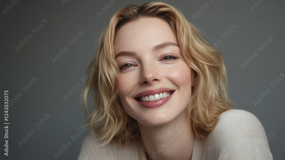 Fototapeta premium Professional portrait of a blonde woman with wavy hair and a bright smile, showcasing natural beauty and confidence in a minimalist gray studio setting
