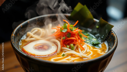 Close-Up of a Steaming Bowl of Ramen with Toppings