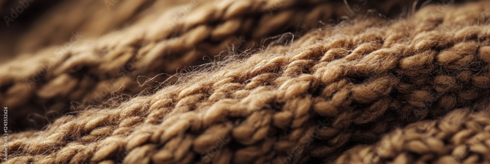 Close-up of brown wool yarn texture with detailed knitting stitches Close-up of brown wool yarn texture with detailed knitting stitches