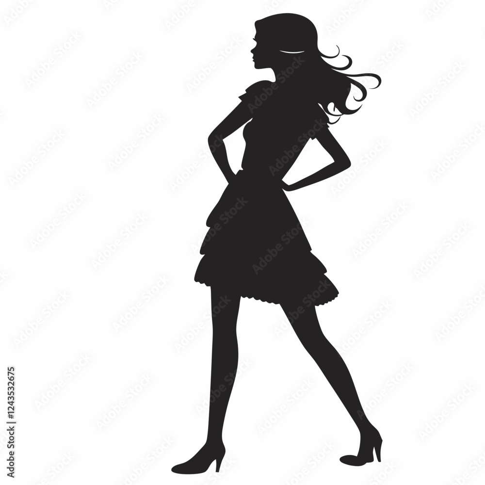 Elegant Fashionable Woman in a Bold Stance with Flowing Hair and Stylish Dress in white background Elegant Fashionable Woman in a Bold Stance with Flowing Hair and Stylish Dress in white background