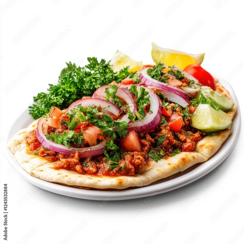Delicious Flatbread Dish Topped with Fresh Vegetables, Herbs, and Meat with Lime and Lemon Garnish