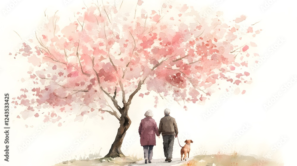 Romantic Senior Couple Walking Dog Under Blooming Cherry Tree Watercolor Painting Romantic Senior Couple Walking Dog Under Blooming Cherry Tree Watercolor Painting