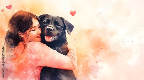 Woman embracing black Labrador dog watercolor painting love affection friendship