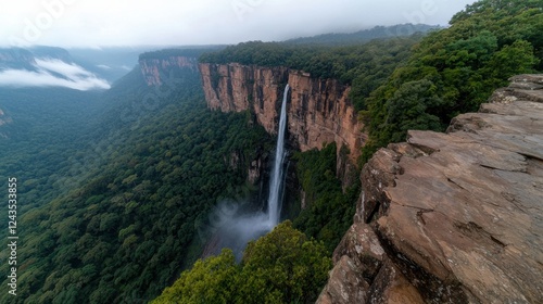 A stunning waterfall cascades down a rocky cliff, surrounded by lush greenery and mist, creating a serene and picturesque landscape.