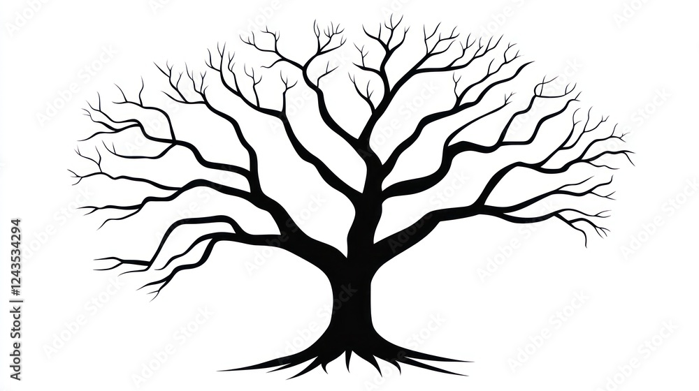 Bare tree silhouette, winter scene, white background, nature illustration Bare tree silhouette, winter scene, white background, nature illustration