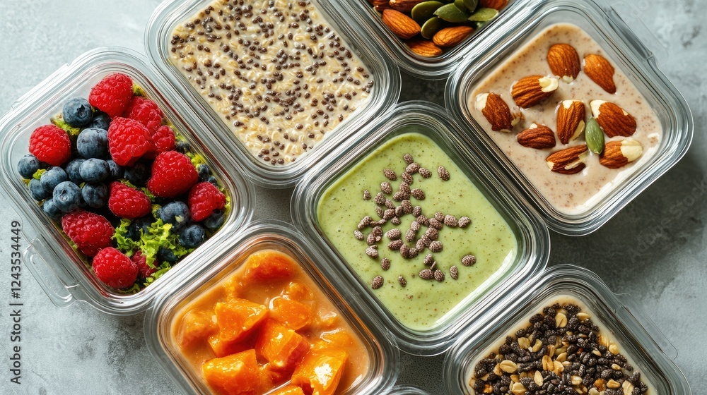 Healthy Meal Prep with Colorful Smoothies and Fruits in Containers Healthy Meal Prep with Colorful Smoothies and Fruits in Containers