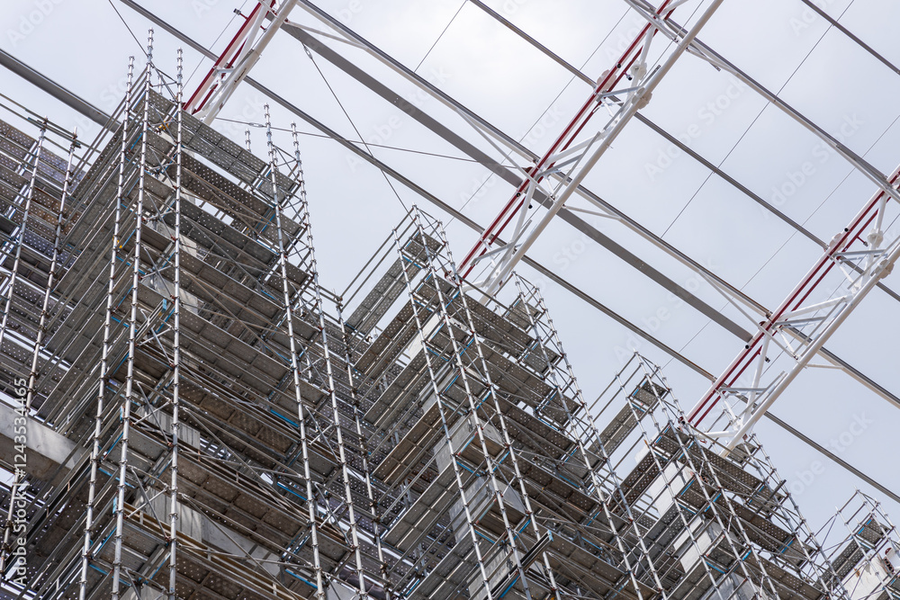 High scaffolding structure under construction beams High scaffolding structure under construction beams
