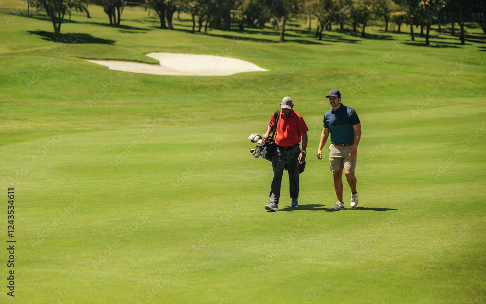 Two male golfers walking together on a sunny fairway, carrying golf bags near a sand bunker Two male golfers walking together on a sunny fairway, carrying golf bags near a sand bunker