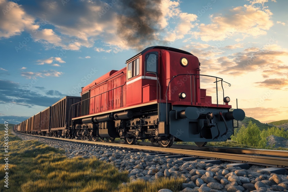 Obraz premium Vintage Red Locomotive Pulling Freight Cars Through Scenic Landscape