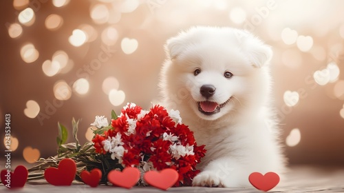 Adorable Samoyed Puppy with Valentine s Day Flowers and Hearts photo