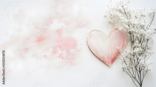 Romantic Valentine s Day Background Pink Watercolor Heart White Baby s Breath Flowers