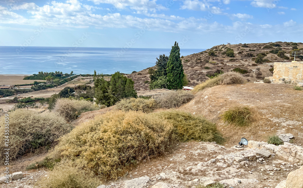 Panorama, view of the areas surrounding the territory of Kourion, a large archaeological center in Cyprus, an island in the Mediterranean Sea Panorama, view of the areas surrounding the territory of Kourion, a large archaeological center in Cyprus, an island in the Mediterranean Sea