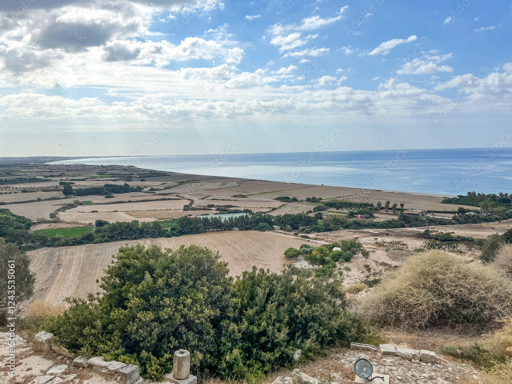 Panorama, view of the areas surrounding the territory of Kourion, a large archaeological center in Cyprus, an island in the Mediterranean Sea Panorama, view of the areas surrounding the territory of Kourion, a large archaeological center in Cyprus, an island in the Mediterranean Sea
