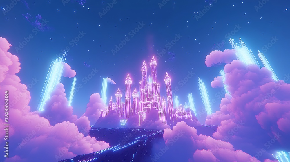 Obraz premium A holographic castle floating in the sky, surrounded by glowing clouds