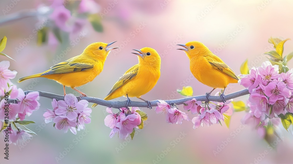 Fototapeta premium Three Vibrant Yellow Birds Singing on Cherry Blossom Branch