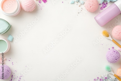 A flat lay of spa and beauty products, including bath bombs, skincare jars, and brushes, arranged on a white background with pastel colors. photo