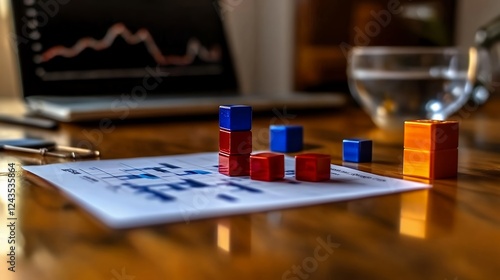 Colorful Blocks Forming Bar Graph on Document Near Laptop and Glass of Water