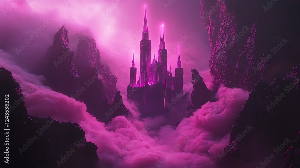 Fototapeta premium A holographic castle surrounded by swirling neon mist