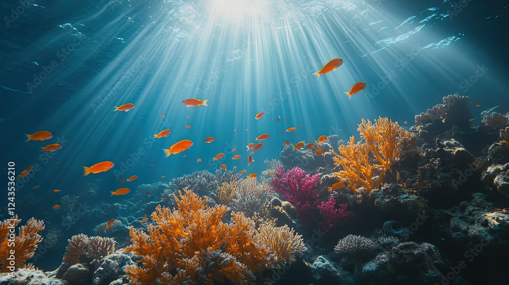Naklejka premium Vibrant Coral Reef Underwater Scene with Sunlight and Colorful Fish