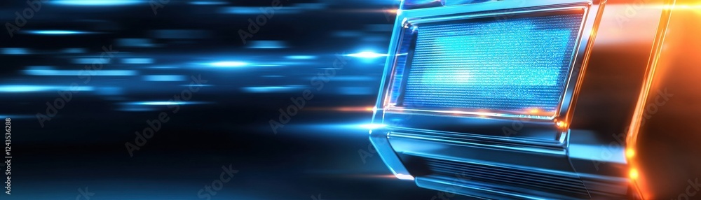 Obraz premium A dynamic image featuring a car's rear light with blue and orange streaks, suggesting high speed and motion.