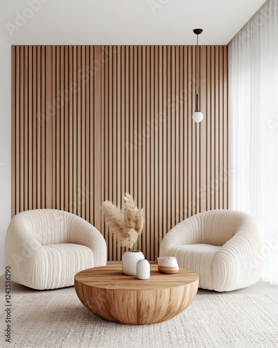 Scandinavian style cozy living room, warm oak paneled accent wall with vertical slats, plush beige boucle armchairs, round wooden coffee table, soft wool