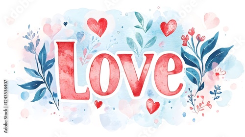 Watercolor Love Word Art with Floral Design Romantic Valentine s Day Greeting Card