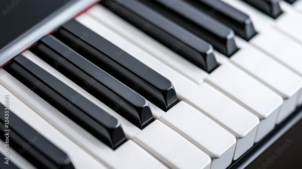 Close-Up View of a Piano Keyboard Showing Black and White Keys with Shiny Surface and Natural Lighting Close-Up View of a Piano Keyboard Showing Black and White Keys with Shiny Surface and Natural Lighting