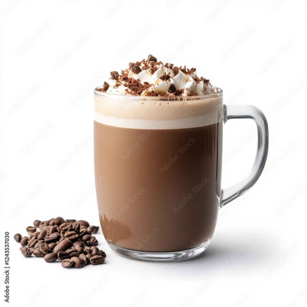 Delicious Cup of Coffee with Whipped Cream and Chocolate Topping next to Coffee Beans on White Background Delicious Cup of Coffee with Whipped Cream and Chocolate Topping next to Coffee Beans on White Background