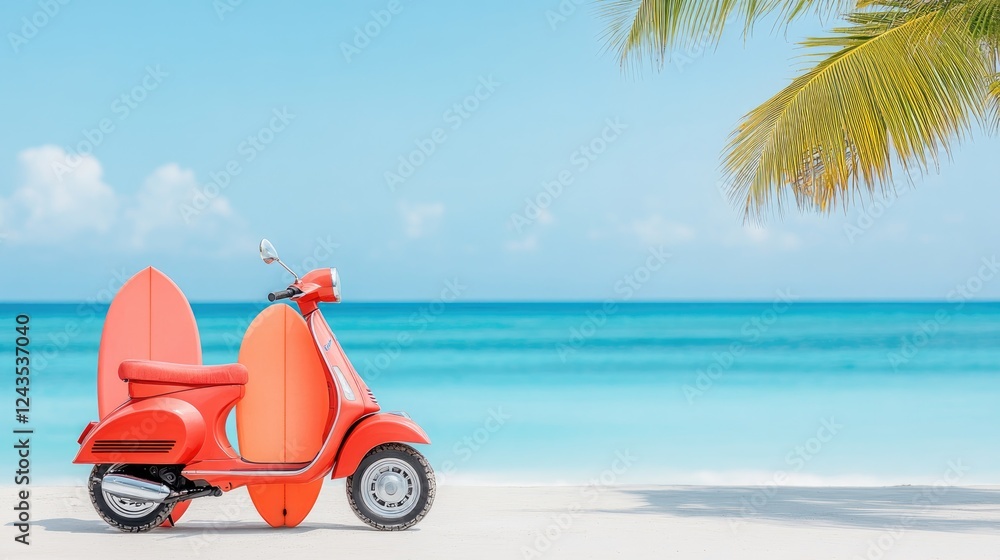 Vibrant orange scooter with surfboards parked on a pristine beach under a palm tree, sunny day Vibrant orange scooter with surfboards parked on a pristine beach under a palm tree, sunny day