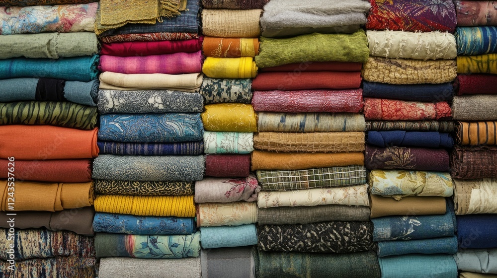 Colorful Fabric Stacks Featuring Various Patterns and Textures Colorful Fabric Stacks Featuring Various Patterns and Textures