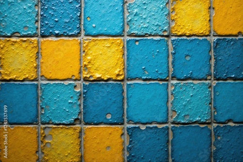 Weathered ceramic tiles with prominent blue and yellow undertones, chipped, blue, weathered photo