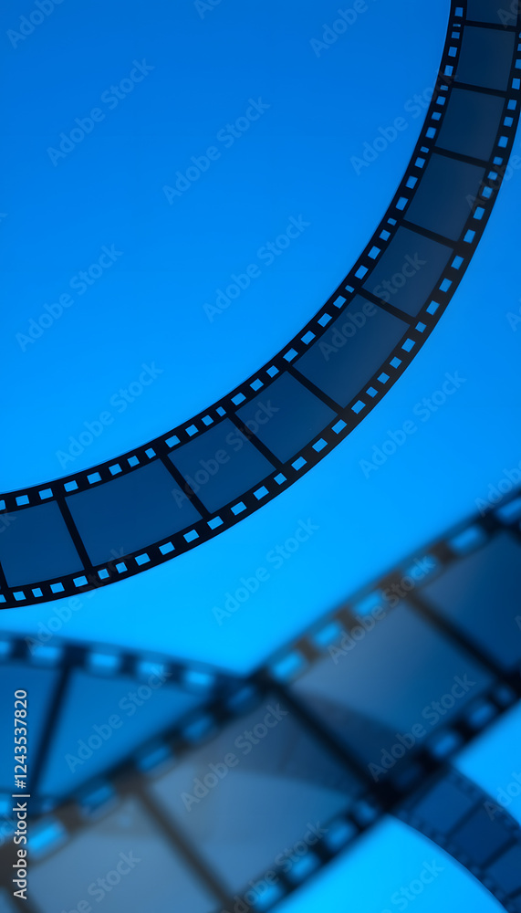 Fototapeta premium film strip and film roll on blue background isolated for desktop wallpaper banner.film production media festivals concept, blurry foreground. with white shades