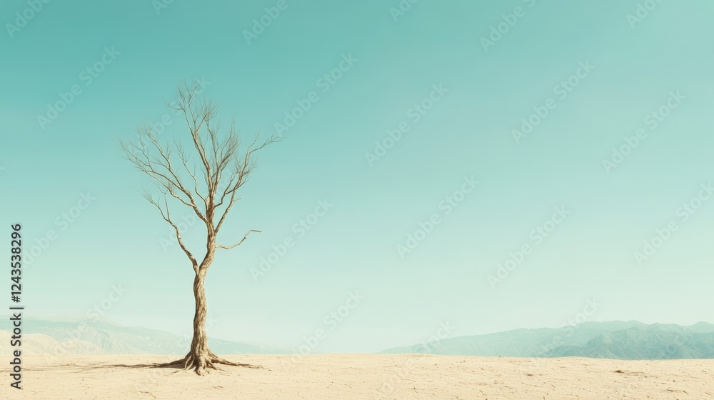 Lone dead tree standing defiantly in a vast, arid desert, bare branches reaching towards a clear turquoise sky, highlighting the contrast between life and desolation Lone dead tree standing defiantly in a vast, arid desert, bare branches reaching towards a clear turquoise sky, highlighting the contrast between life and desolation