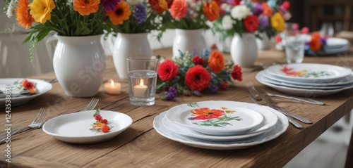Wallpaper Mural White ceramic plates with vibrant floral centerpieces on rustic wooden table, wooden table, floral arrangement, rustic, natural, white plates Torontodigital.ca