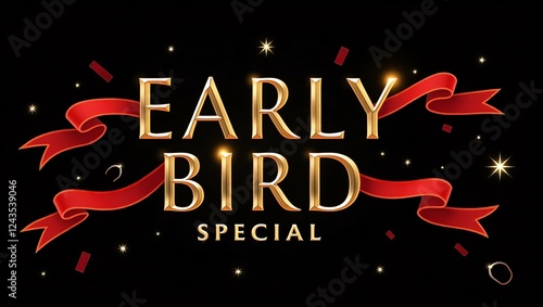 early bird special stands out in bold sleek font against a black background, framed by dynamic crossed red ribbons