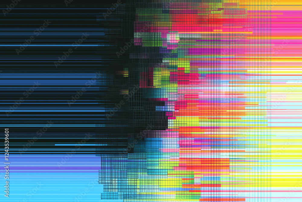artistic glitchy RGB effect showcasing vibrant pixel colors and abstract patterns, creating visually striking composition that captivates viewer attention