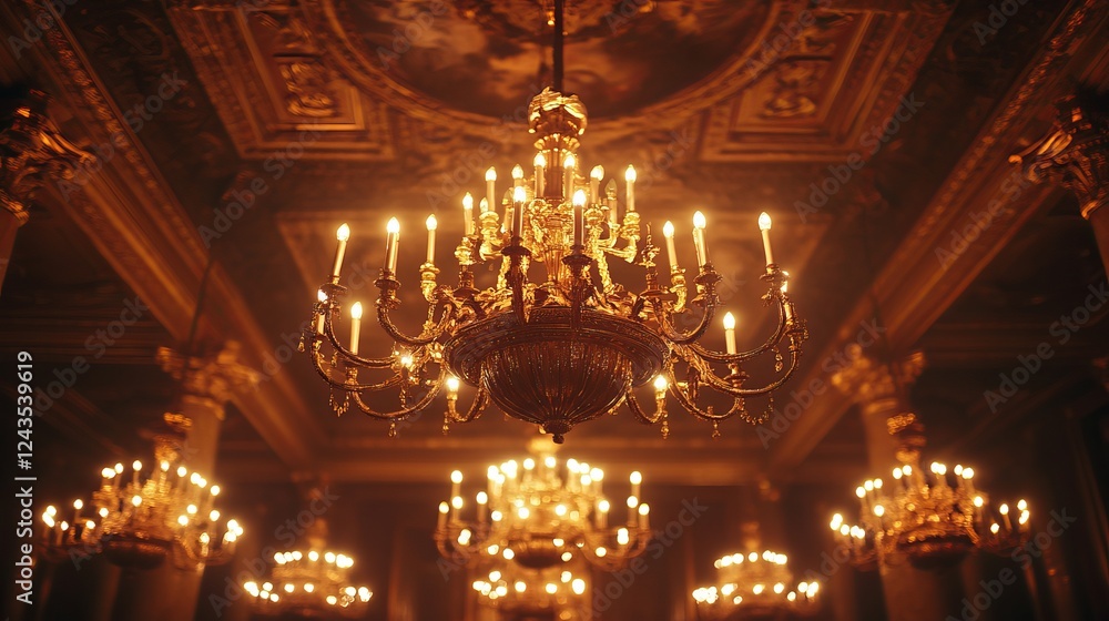 Obraz premium Elegant and Opulent Chandelier Adorned with Numerous Glimmering Lights Illuminating a Luxurious Room with Rich Decor and a Warm Ambiance Creating a Welcoming Atmosphere for Guests