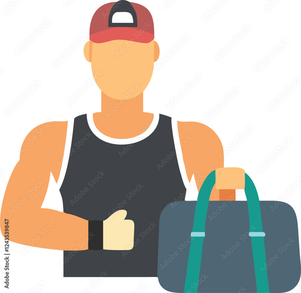 A cartoon illustration of a fit man wearing a baseball cap, tank top, and holding a gym bag. A cartoon illustration of a fit man wearing a baseball cap, tank top, and holding a gym bag.