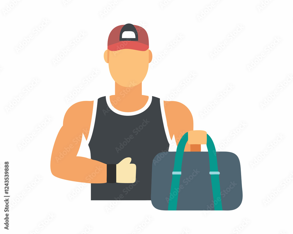 A cartoon illustration of a fit man wearing a baseball cap, tank top, and holding a gym bag. A cartoon illustration of a fit man wearing a baseball cap, tank top, and holding a gym bag.