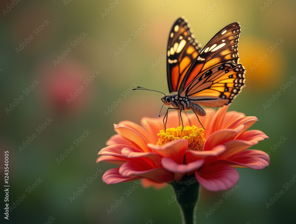 Close-Up of a Butterfly in Flight Collecting Nectar from a Colorful Flower Close-Up of a Butterfly in Flight Collecting Nectar from a Colorful Flower