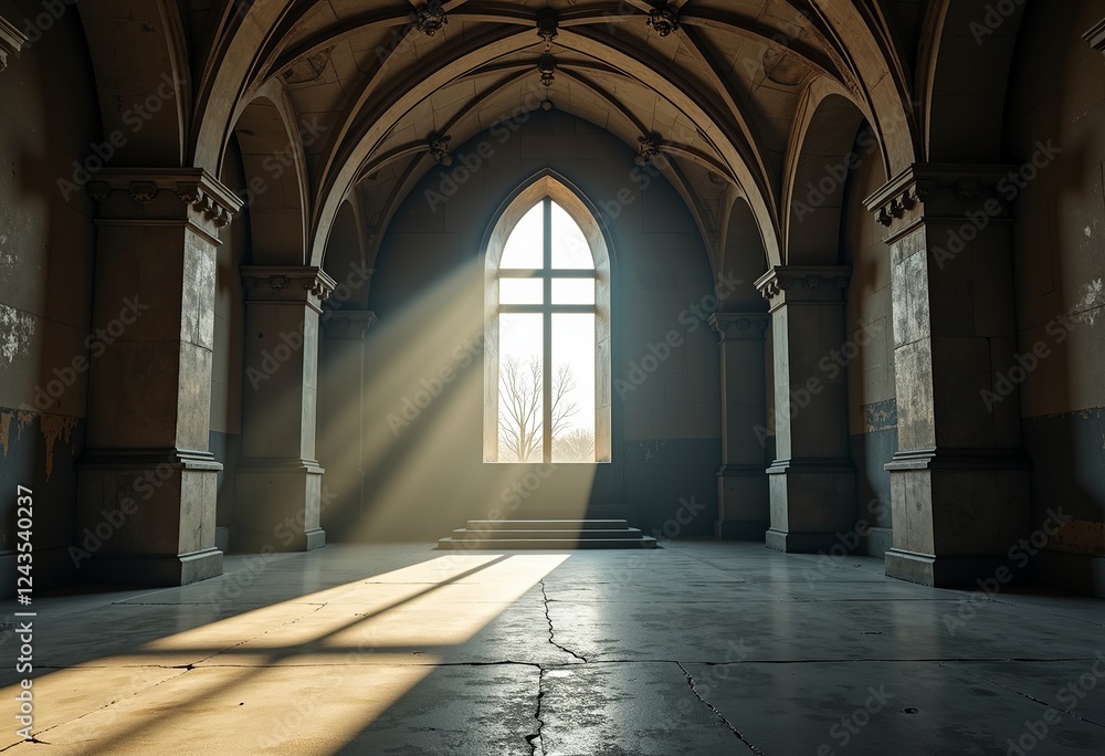 Fototapeta premium Dark Room Light Cross: Church of Light Interior, Exposed Concrete, Photorealistic, Religious Architecture, Spiritual Space, Modern Design, Serene, Minimalist.