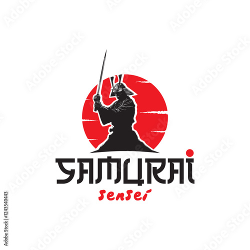 Canvas Print Samurai warrior logo - katana sword in front of red rising sun, Japanese bushido