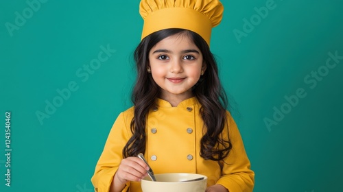 A Young Girl in a Bright Yellow Chef's Jacket and Hat Smiling with a Bowl and Spoon, Set Against a Vibrant Teal Background, Exuding Joy and Culinary Passion photo