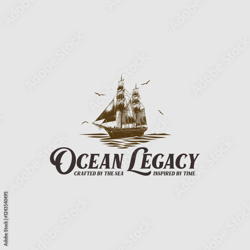 Vintage sailing ship logo - tall masts and sails on the sea, nautical engraving-style with seagulls vector design