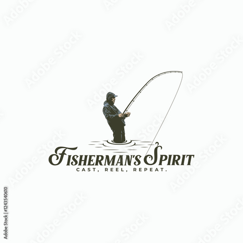 Fisherman standing in water logo - bent fishing rod, engaged in fishing, vintage-style vector design