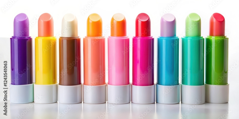Fototapeta premium Brightly colored lip balm sticks in a colorful array on a white background , fun accessories, cosmetic products